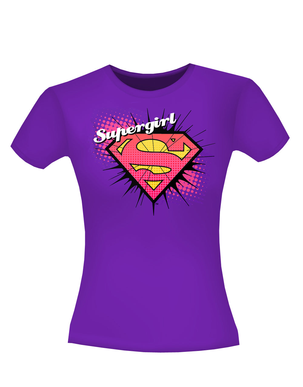 Supergirl comic logo graphic on a purple women's t-shirt.