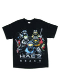 Halo group pose graphic on a black adult t-shirt.