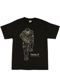 Halo running graphic on a black adult t-shirt.