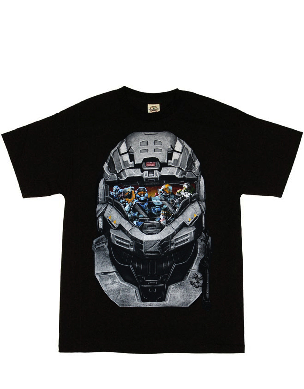 Halo noble six reflection graphic on a black adult t-shirt.