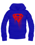 Superman dripping logo graphic on a royal blue adult hoodie.