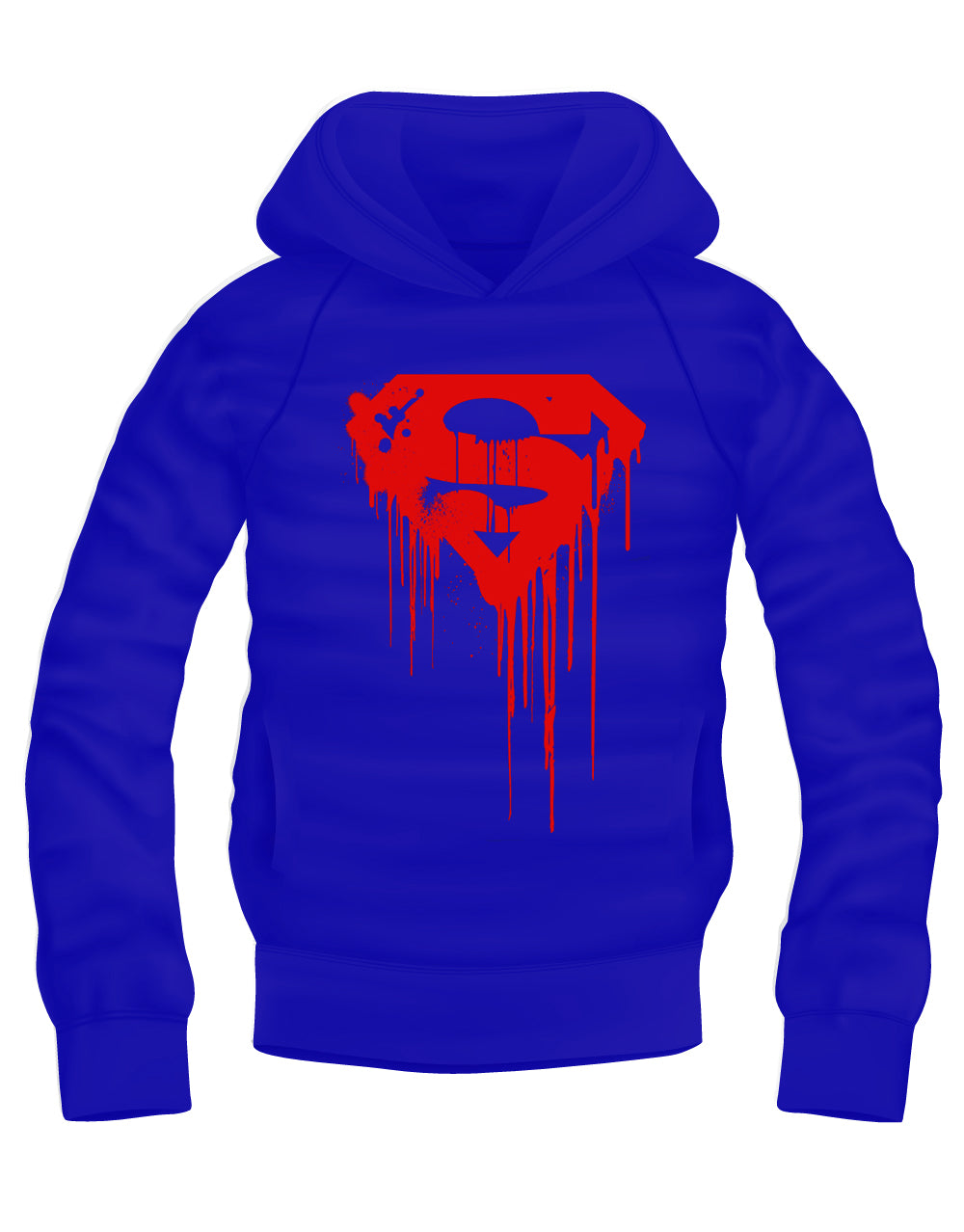 Superman dripping logo graphic on a royal blue adult hoodie.