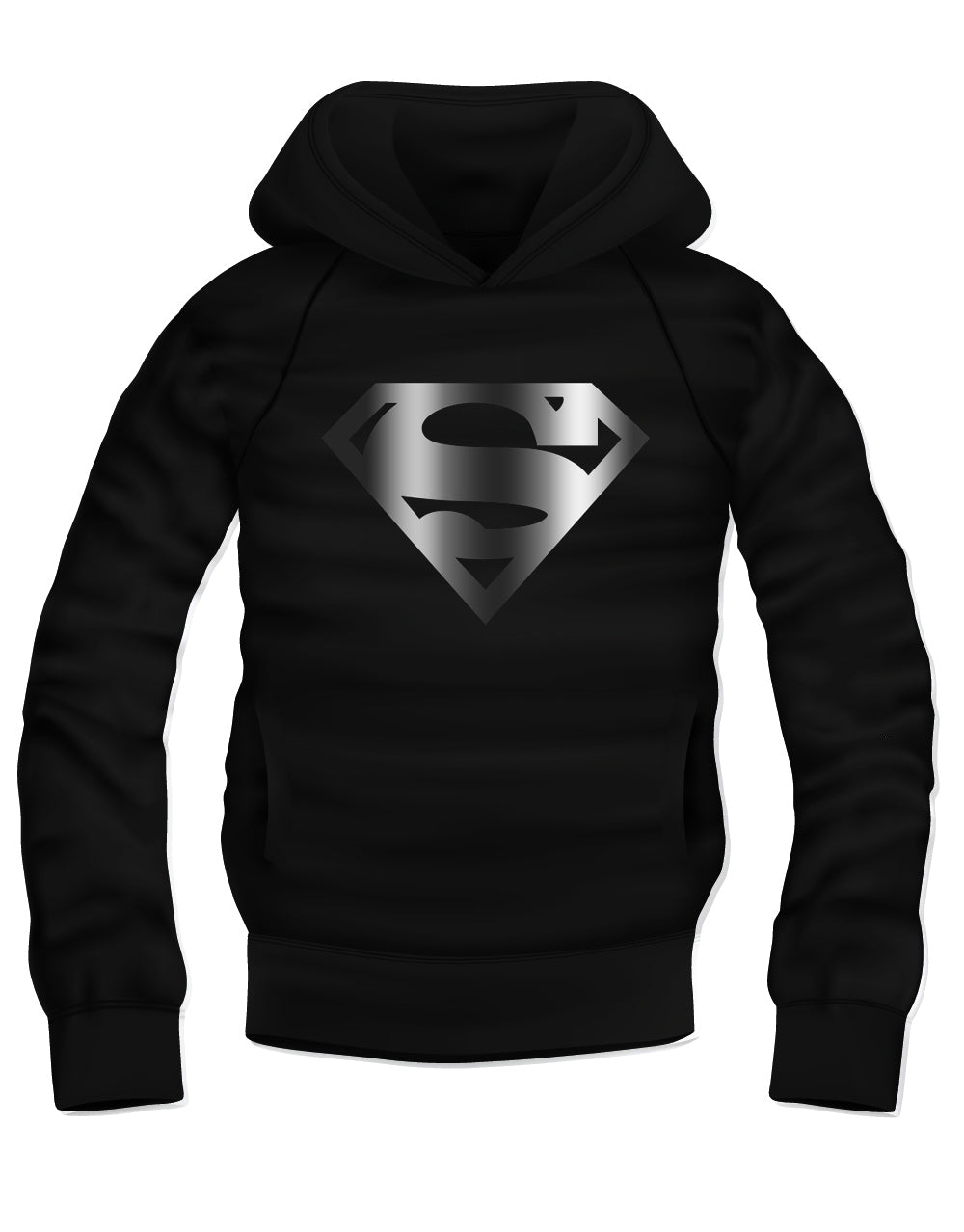 Superman metallic logo graphic on a black adult hoodie.