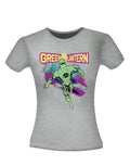 Green Lantern comic montage graphic on a heathered grey women's t-shirt.
