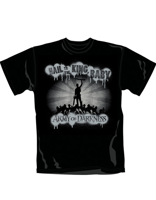 Army of Darkness Ash hail to the king graphic on a black adult t-shirt.
