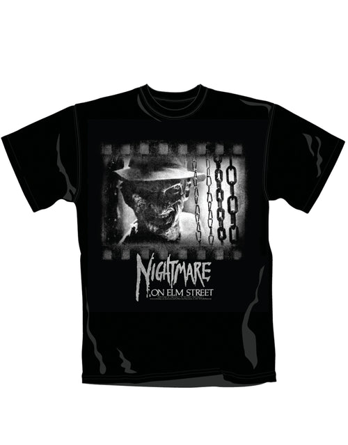 A Nightmare on Elm Street film still graphic on a black adult t-shirt.