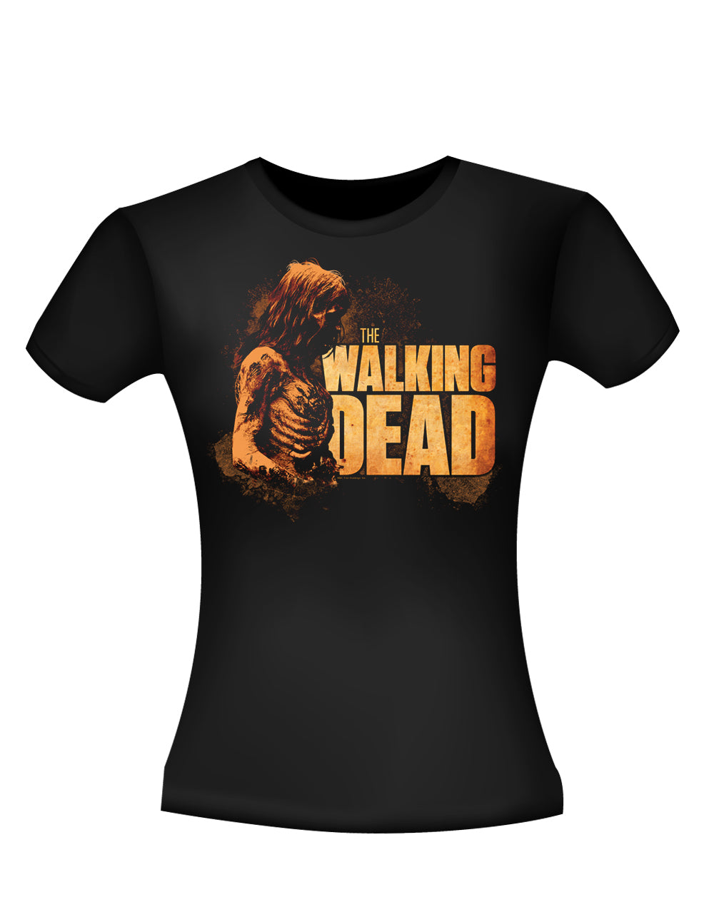 The Walking Dead bicycle girl graphic on a black women's t-shirt.