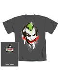 The Joker Arkham City graffiti graphic on a dark grey adult t-shirt.