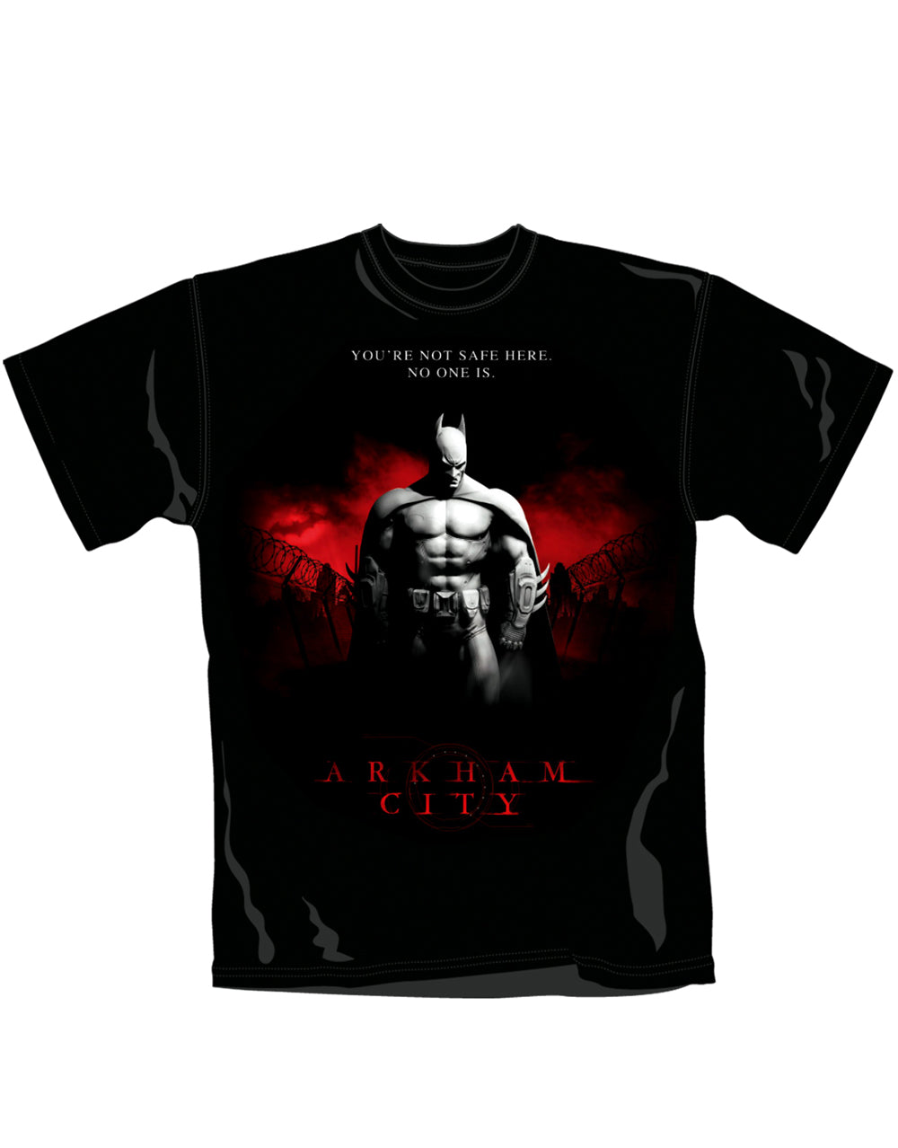 Batman Arkham City no one graphic on a black adult t-shirt.