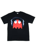 Pac-Man headphones ghost graphic on a black adult t-shirt.