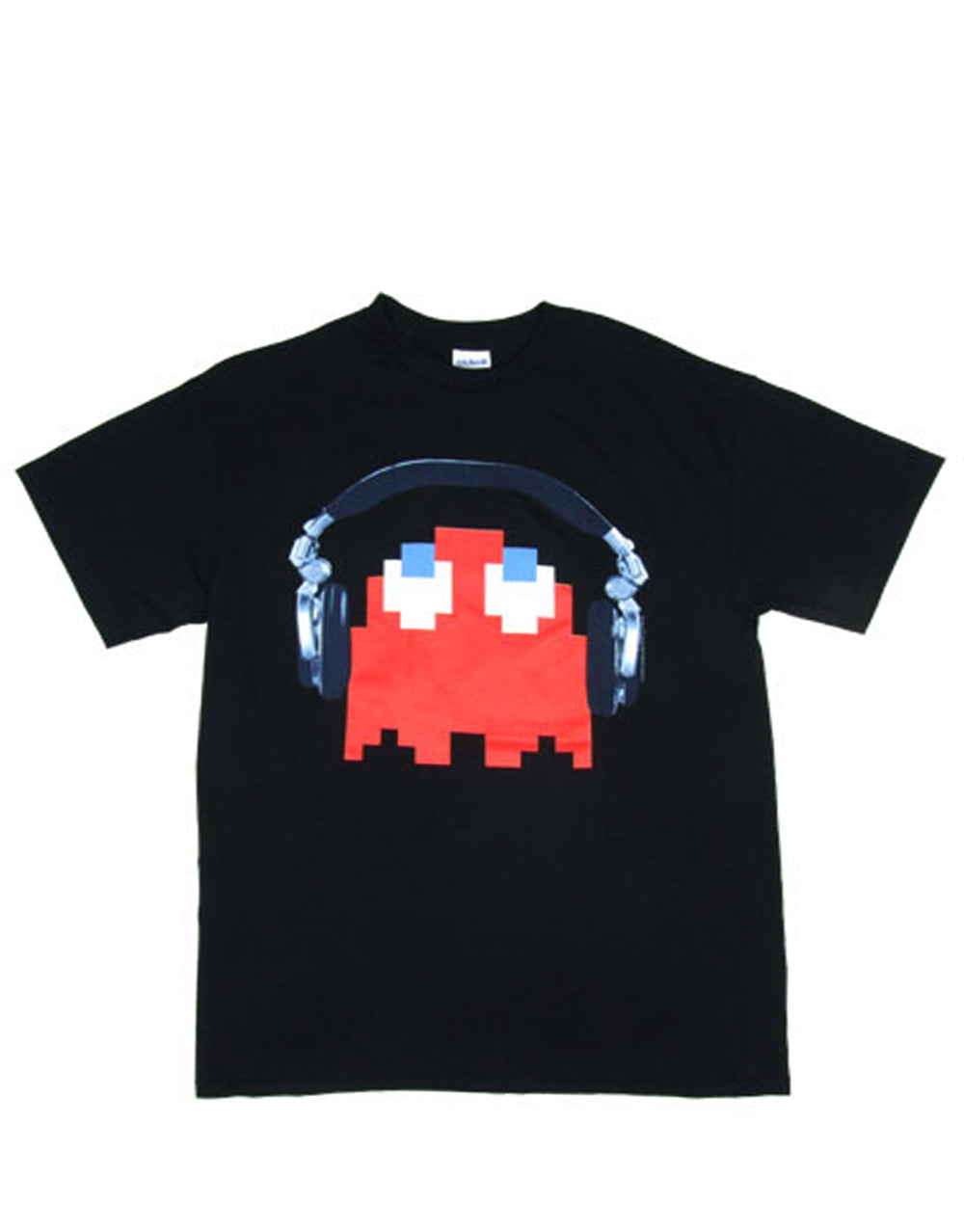 Pac-Man headphones ghost graphic on a black adult t-shirt.