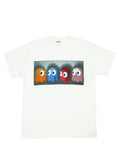 Pac-Man usual suspects graphic on a white adult t-shirt.
