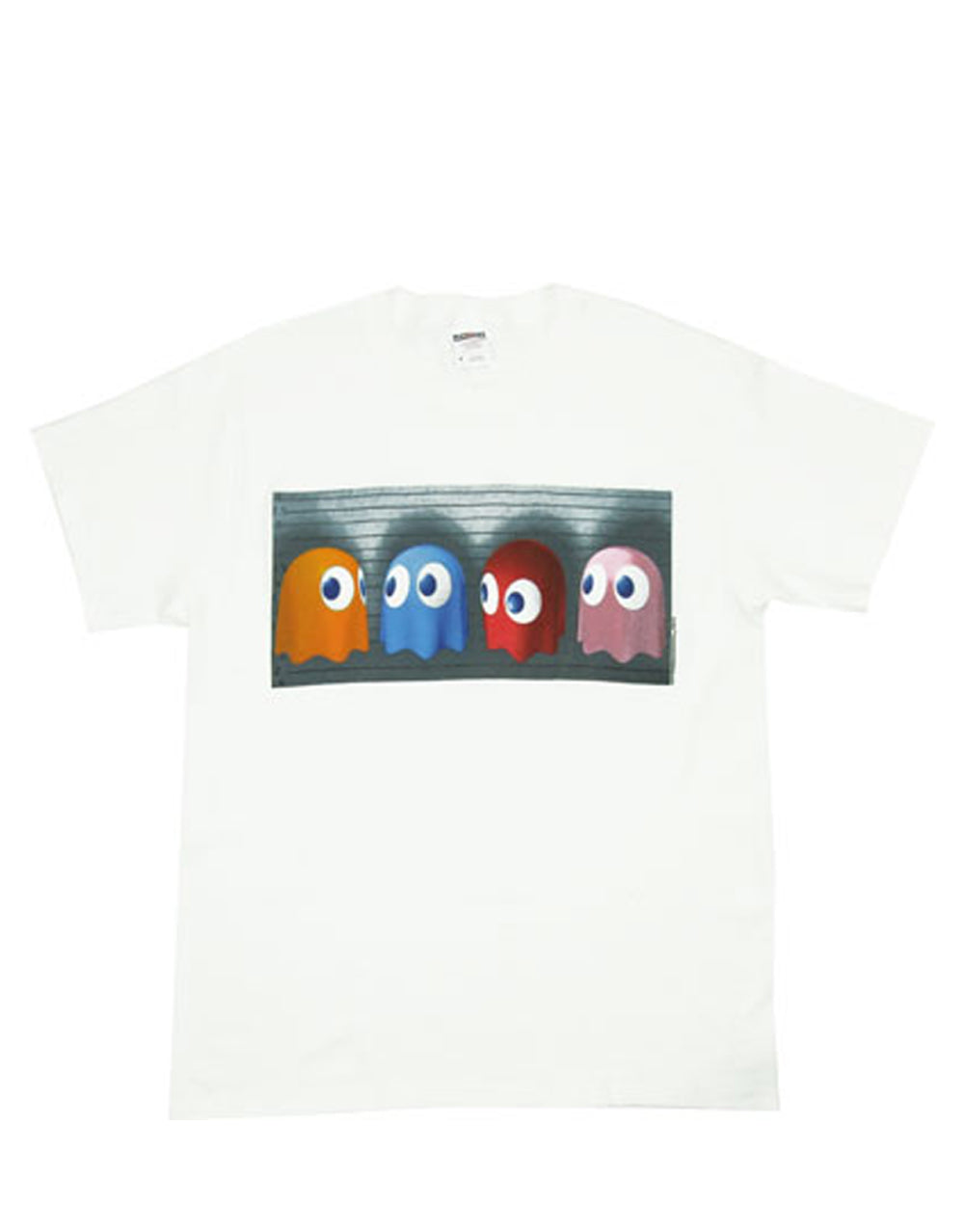 Pac-Man usual suspects graphic on a white adult t-shirt.