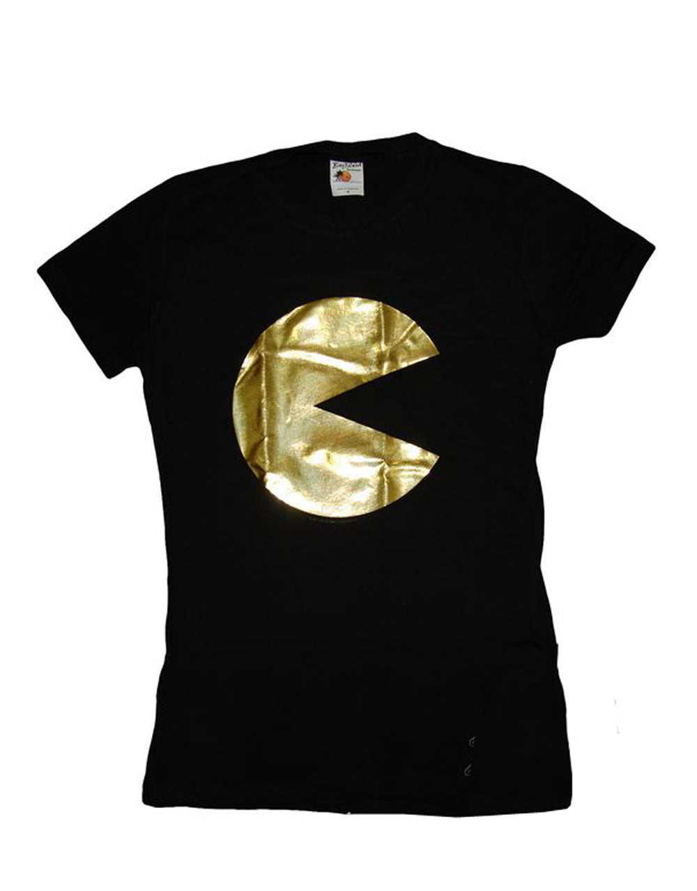 Pac-Man gold foil graphic on a black women's t-shirt.