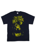 One man wolfpack graphic on a navy blue adult t-shirt.