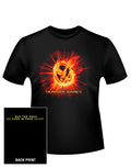 The Hunger Games fire Mockingjay graphic on a black adult t-shirt.