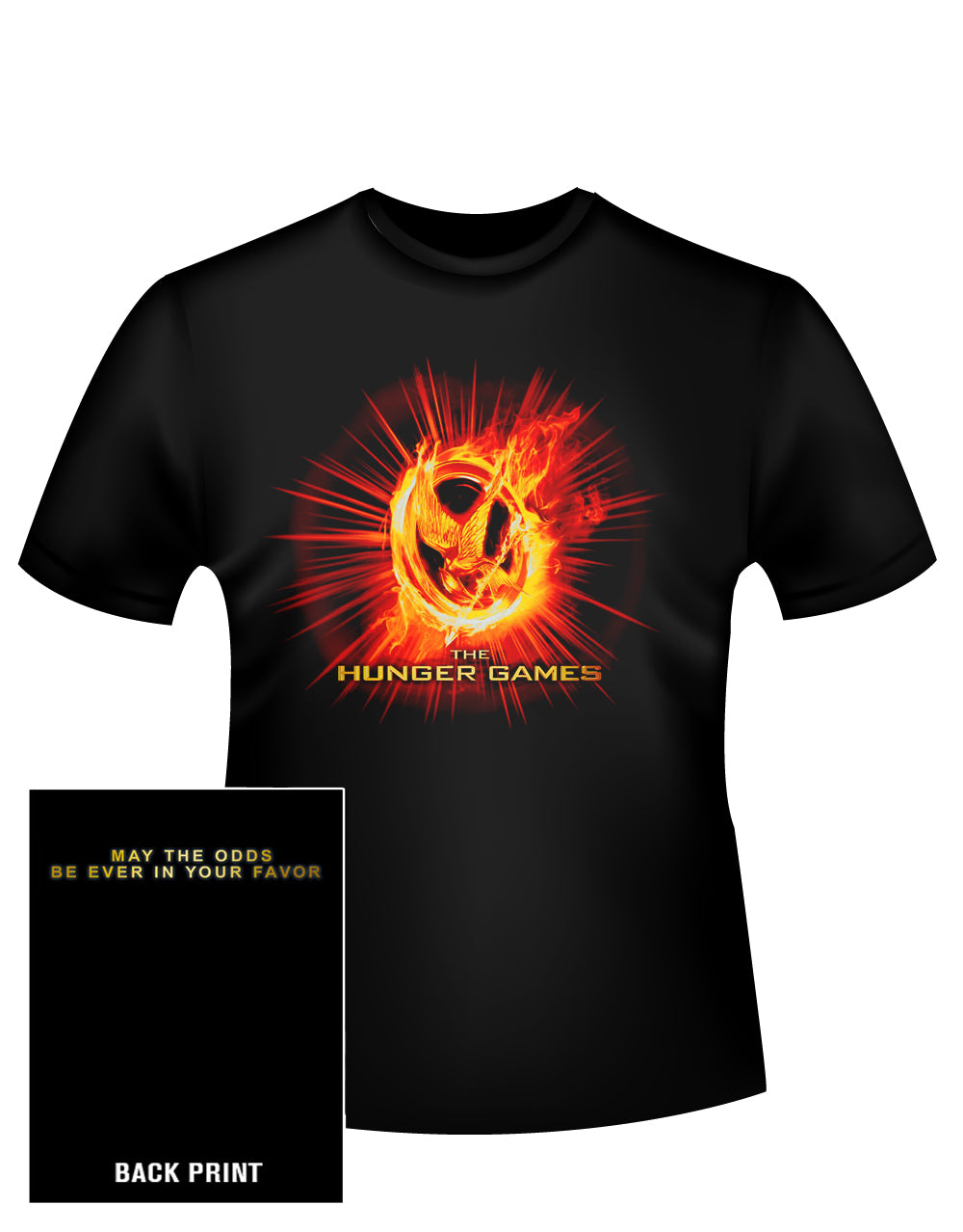 The Hunger Games fire Mockingjay graphic on a black adult t-shirt.