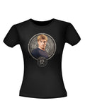 The Hunger Games Peeta in stone seal graphic on a black women's t-shirt.