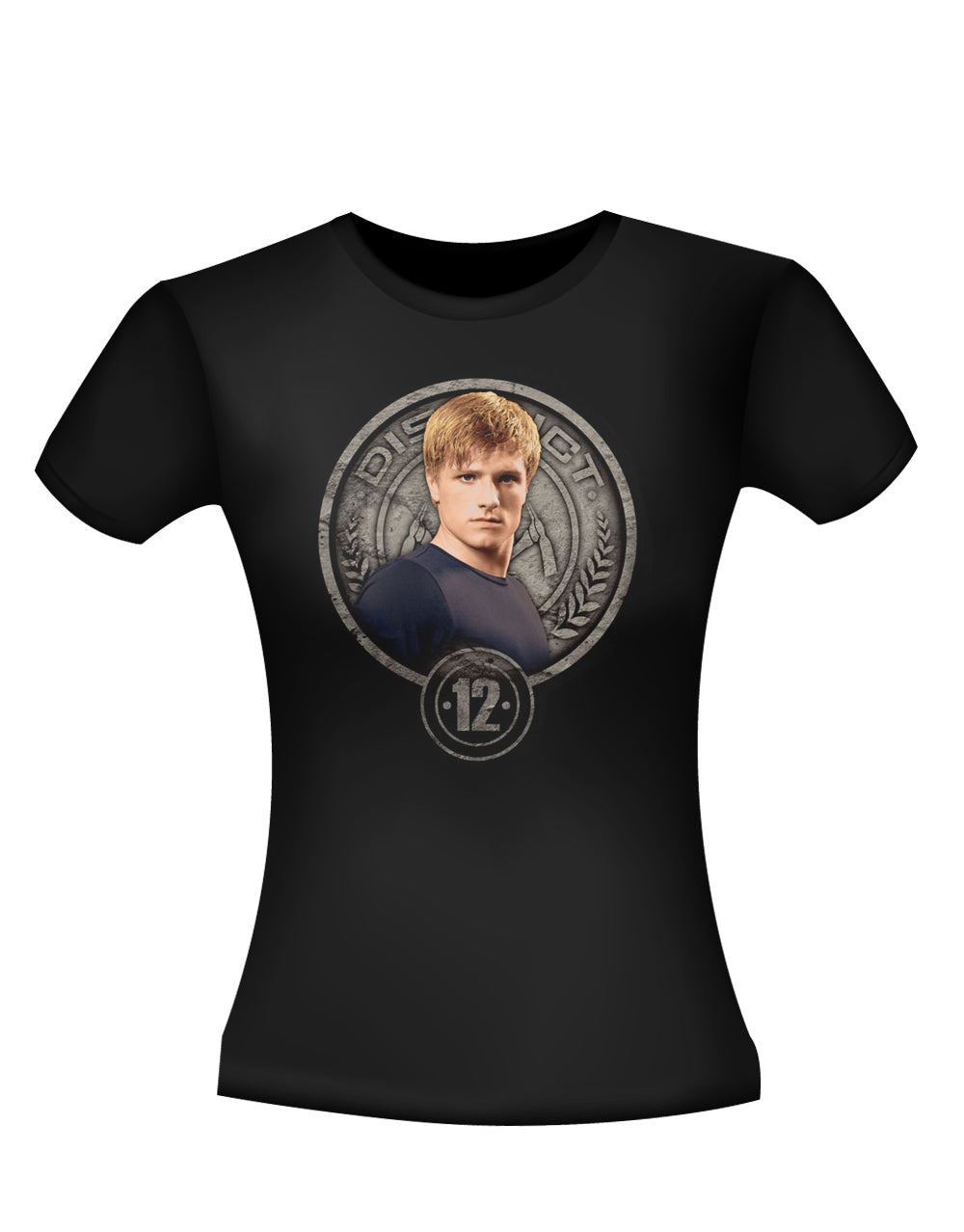 The Hunger Games Peeta in stone seal graphic on a black women's t-shirt.