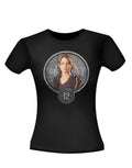 The Hunger Games Katniss in stone seal graphic on a black women's t-shirt.