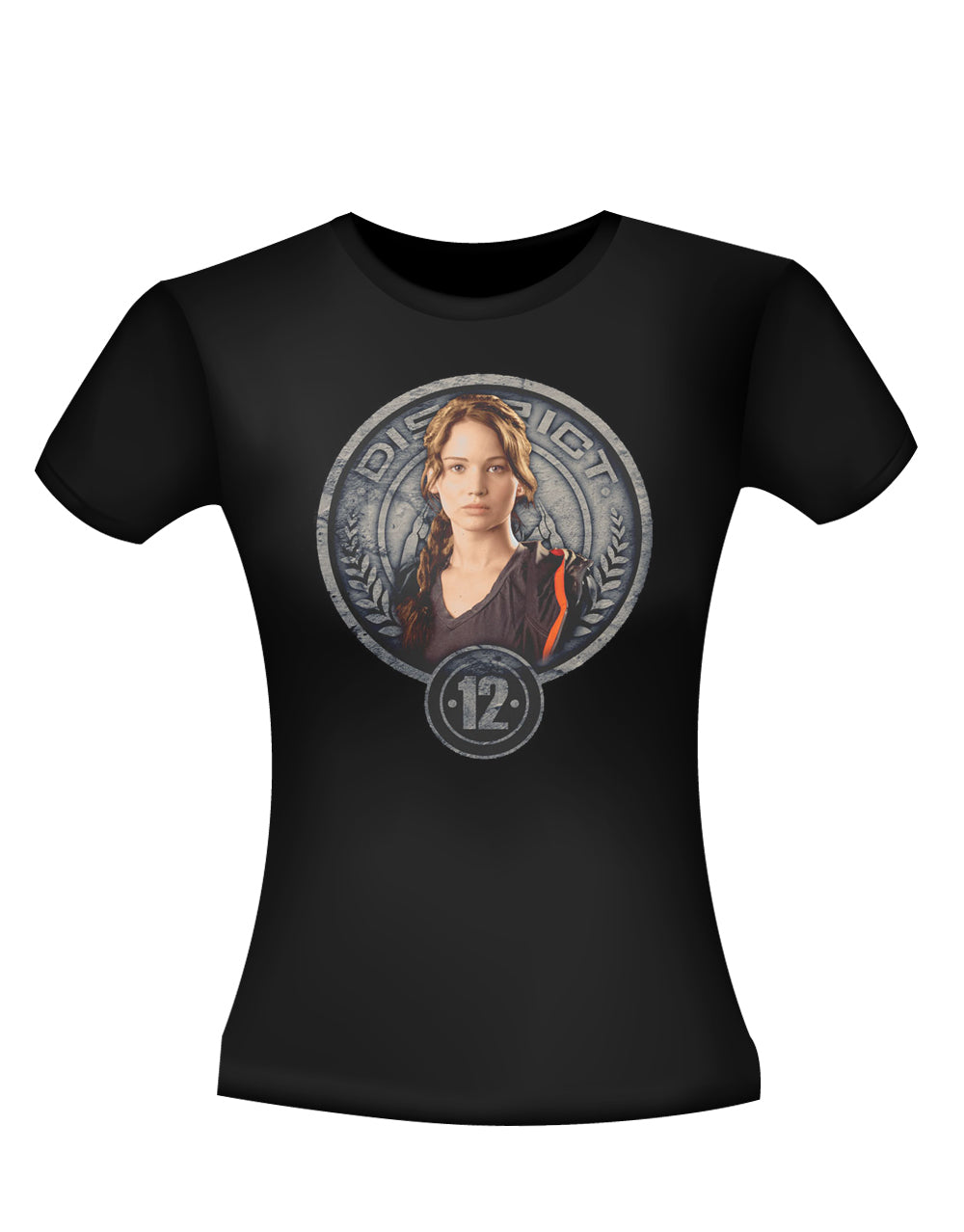 The Hunger Games Katniss in stone seal graphic on a black women's t-shirt.