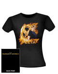The Hunger Games gold fire Peeta graphic on a black women's t-shirt.