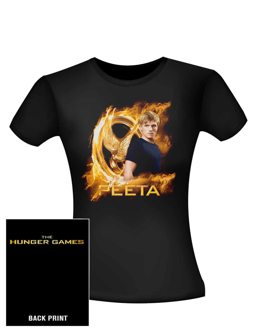 The Hunger Games gold fire Peeta graphic on a black women's t-shirt.