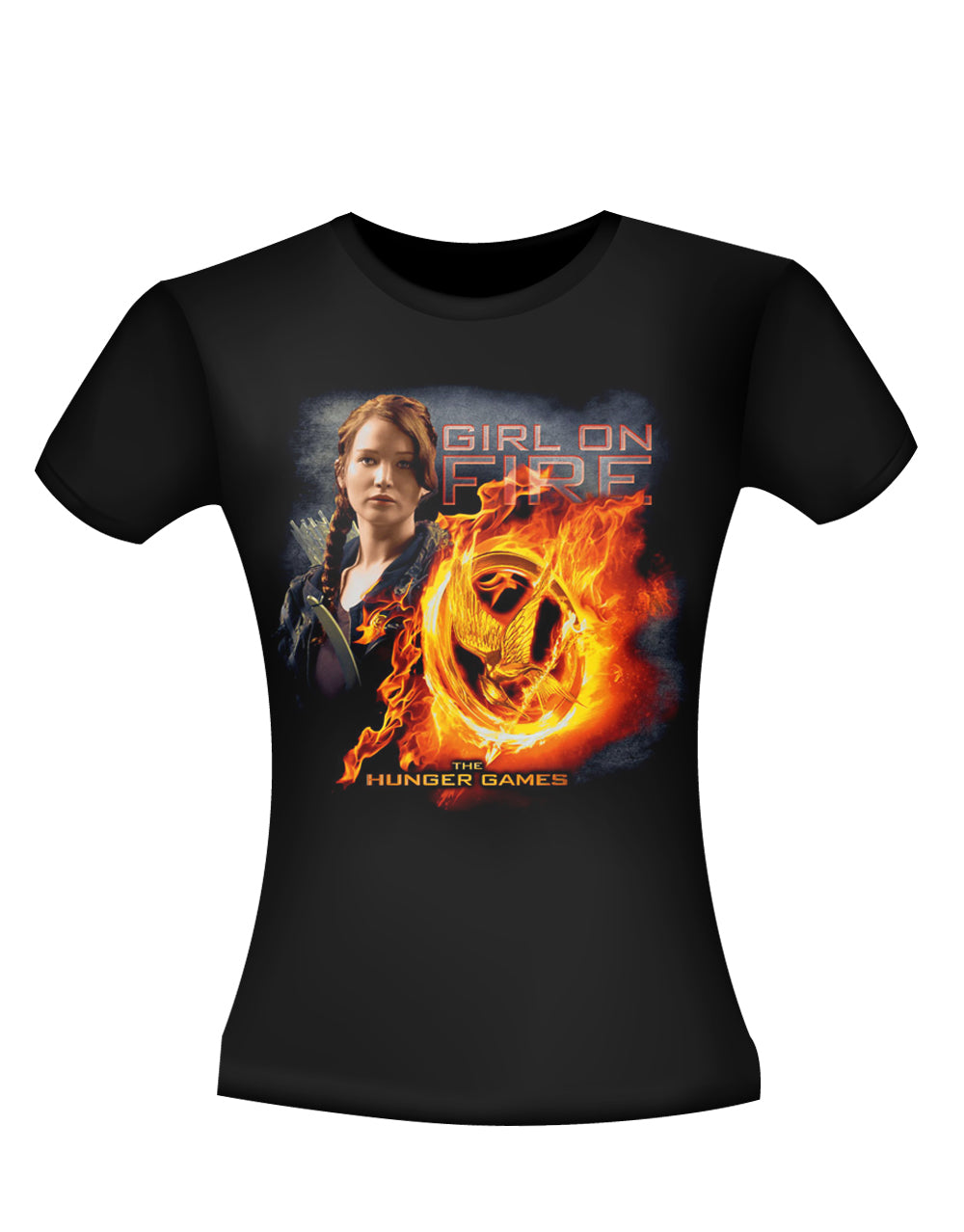 The Hunger Games girl on fire Mockingjay graphic on a black women's t-shirt.