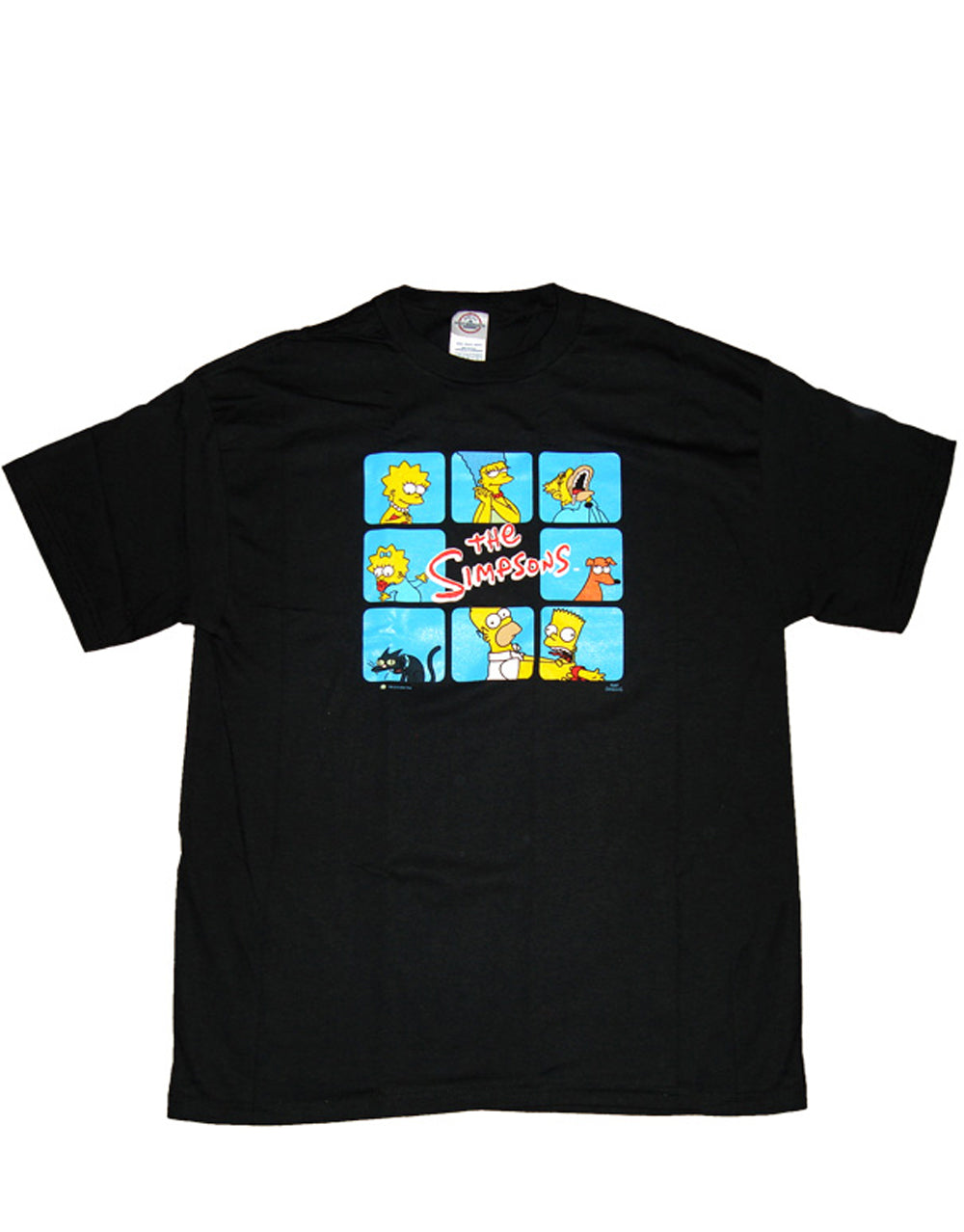 Simpsons boxes graphic on a black adult t-shirt.