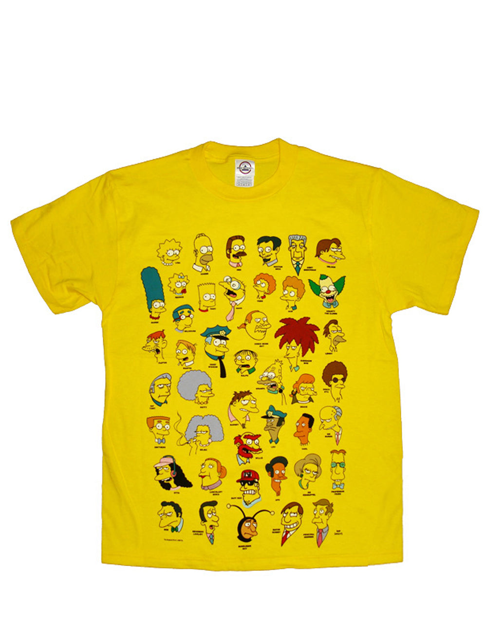 Simpsons heads graphic on a yellow adult t-shirt.