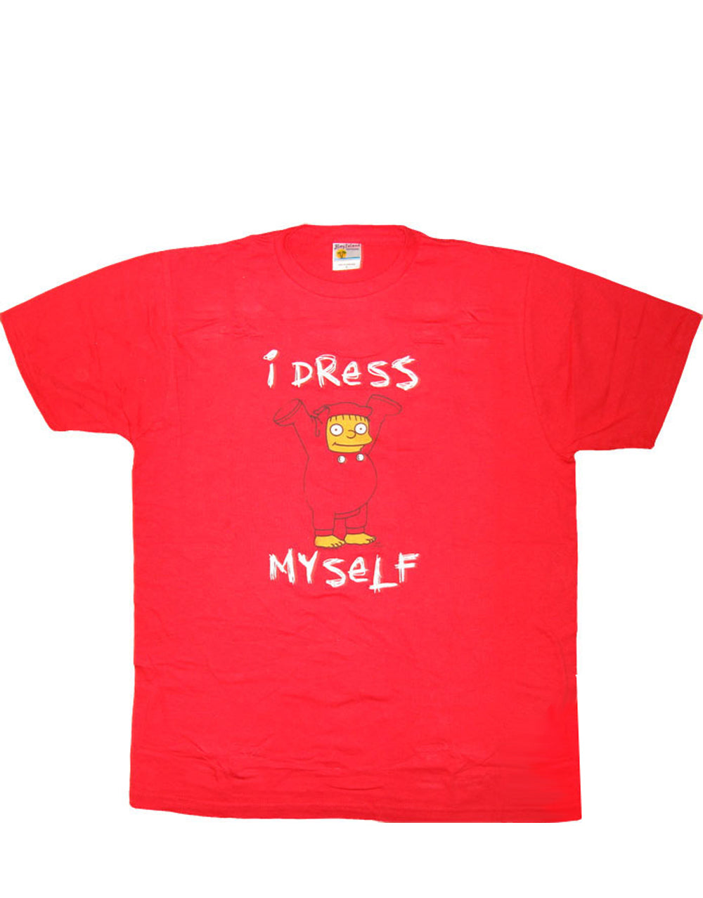 Ralph dress myself graphic on a red adult t-shirt.