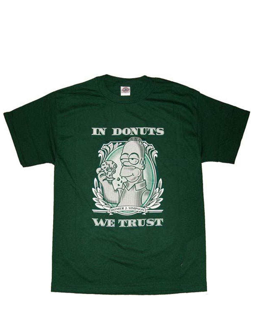 Homer donuts graphic on a green adult t-shirt.