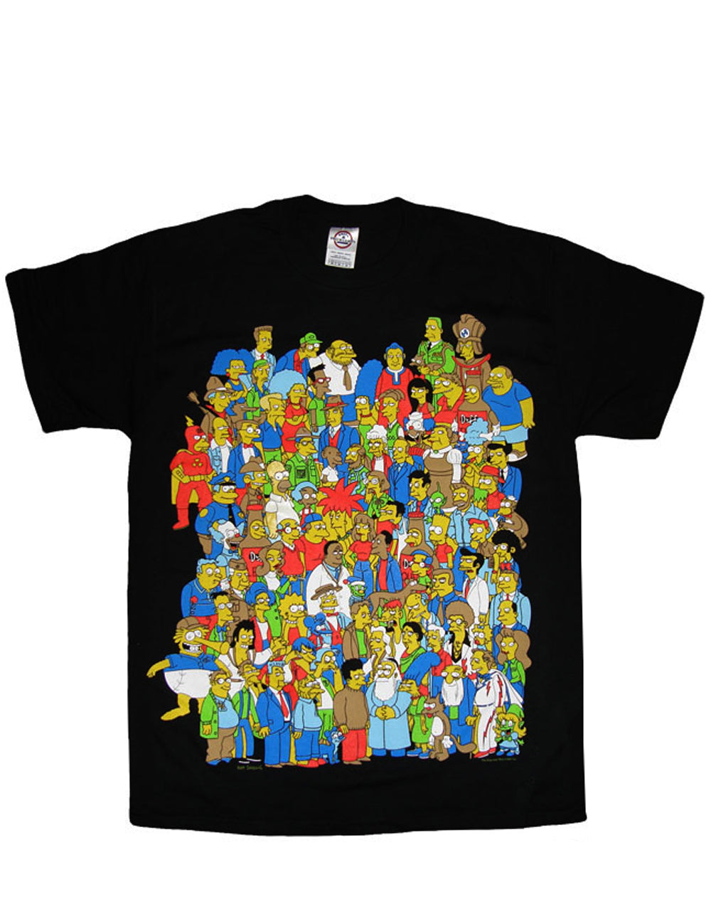 Simpsons crowd graphic on a black adult t-shirt.