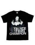 Homer eating champion graphic on a black adult t-shirt.