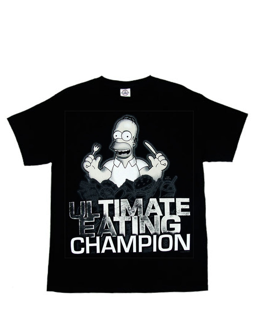 Homer eating champion graphic on a black adult t-shirt.