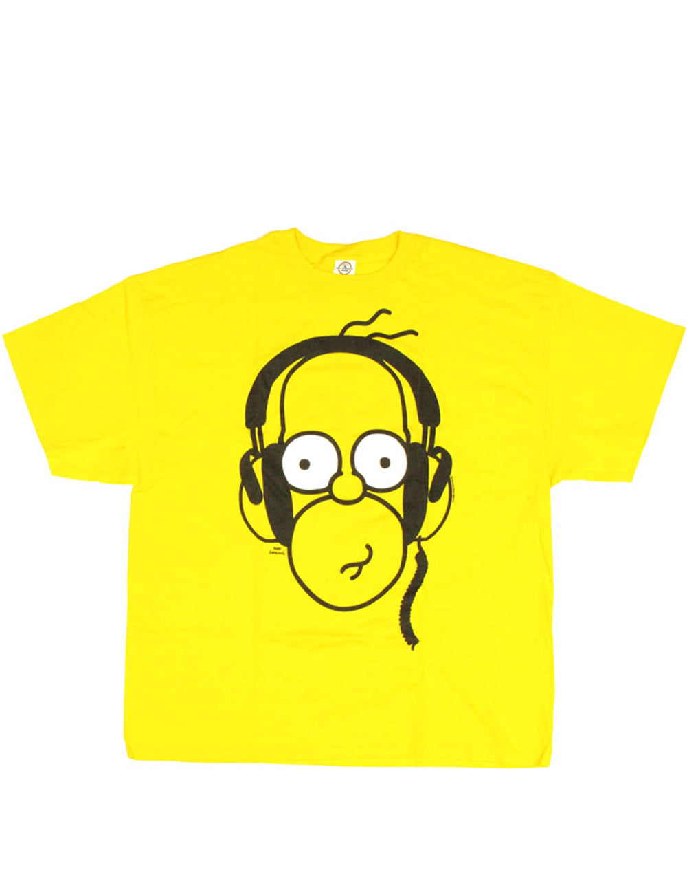 Homer headphones graphic on a yellow adult t-shirt.