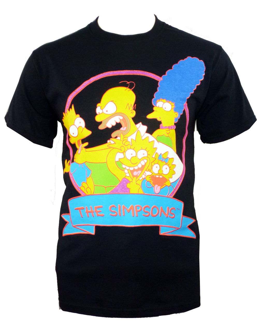 Simpsons family fight graphic on a black adult t-shirt.