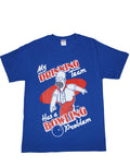 Homer bowling graphic on a blue adult t-shirt.