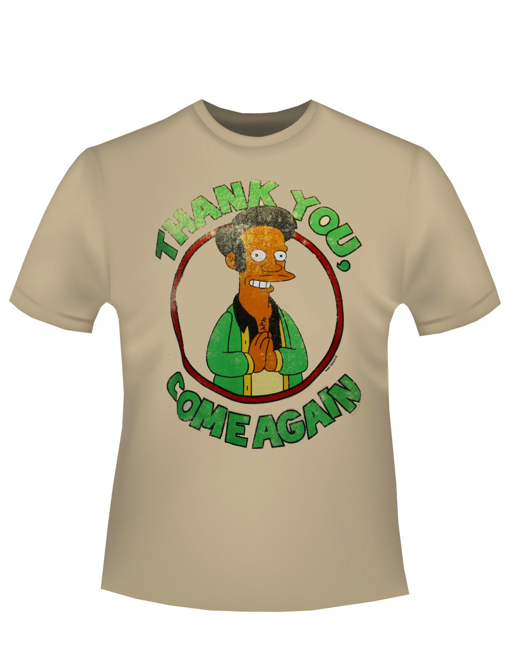Apu Nahasapeemapetilon graphic on a beige adult t-shirt.