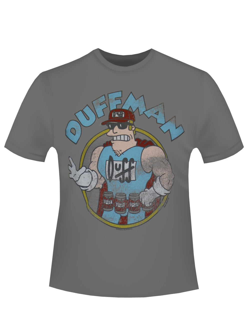 Vintage Duffman graphic on a grey adult t-shirt.