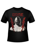 Bane The Dark Knight Rises lighting graphic on a black adult t-shirt.