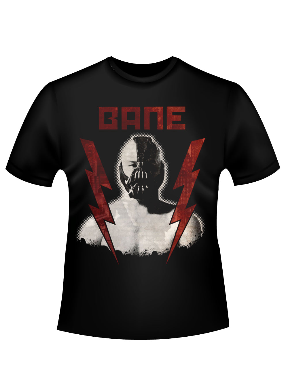 Bane The Dark Knight Rises lighting graphic on a black adult t-shirt.