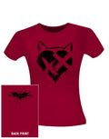 Catwoman The Dark Knight Rises heart XX graphic on a red women's t-shirt.