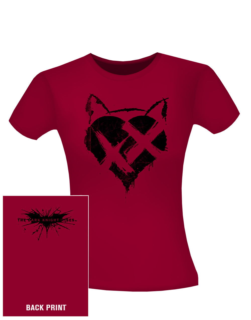 Catwoman The Dark Knight Rises heart XX graphic on a red women's t-shirt.