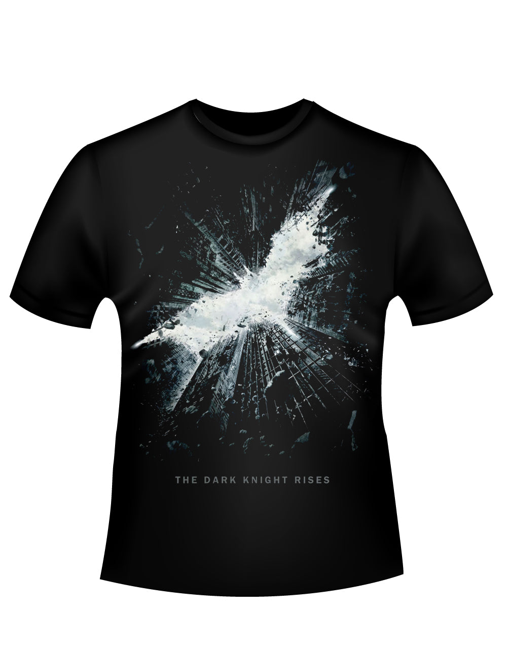 Batman The Dark Knight Rises cityscape logo graphic on a black adult t-shirt.