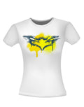 Catwoman The Dark Knight Rises mask spray graphic on a white women's t-shirt.