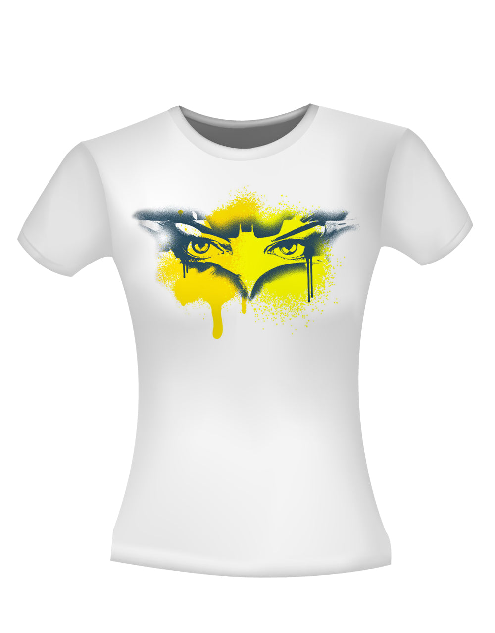 Catwoman The Dark Knight Rises mask spray graphic on a white women's t-shirt.