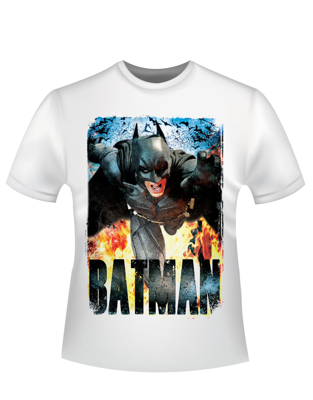 Batman The Dark Knight Rises running flames graphic on a white adult t-shirt.