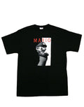 Nintendo black and white Mario graphic on a black adult t-shirt.