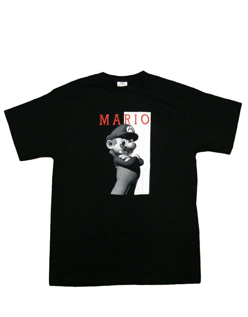 Nintendo black and white Mario graphic on a black adult t-shirt.